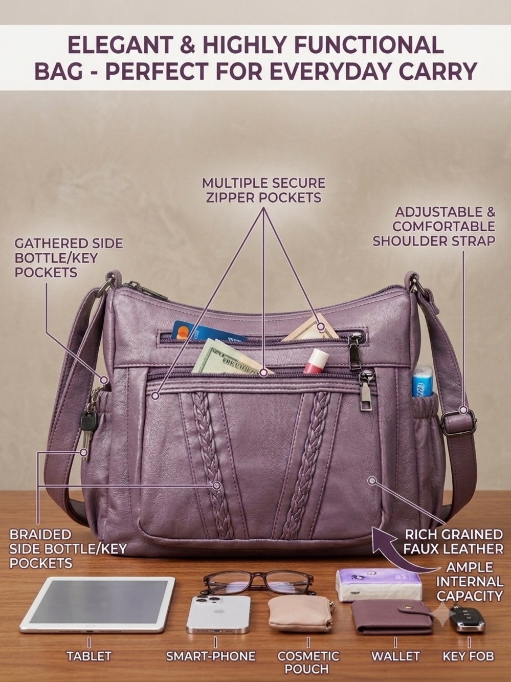 ELDA Purple Faux Leather Multi-Pocket Crossbody Bag Shoulder Purse